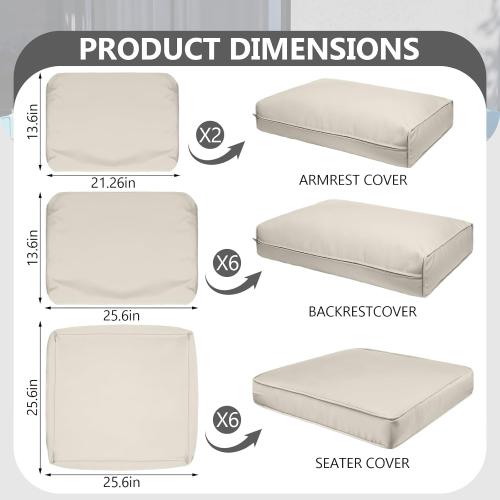 14 Piece Outdoor Patio Waterproof Cushion Covers, Fits 6-Seat Wicker Rattan Sectional Couch Chair Furniture Cover Replacement Set - Fade-Resistant Patio Cushion Covers with Zipper