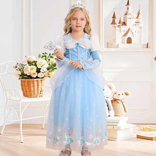 4-5T Girls Princess Dress Kids Halloween CarnivParty Cosplay Costume Toddler Puffy Sleeve Blue Fancy Outfit