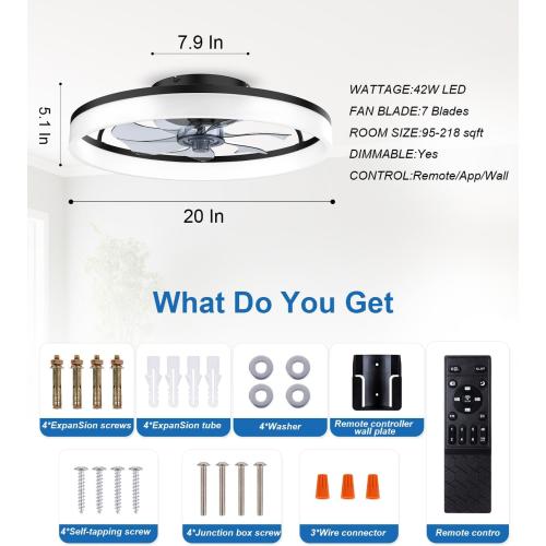 AQUBT Ceiling Fans with Lights and Remote, 20 Modern Low Profile Ceiling Fan with Light, Stepless Color Temperature Change and 6 Speeds for Bedroom, Kids Room and Living Room (Black)