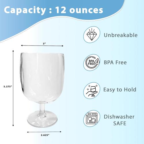 Lily's Home Set of 8 Unbreakable Poolside 12 oz Acrylic Plastic Wine and Water Tumbler Stackable Goblets. Shatterproof Plastic and Ideal for Indoor and Outdoor Use, Reusable. Clear. Made in Taiwan.