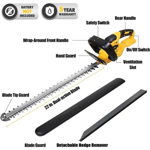 Yellow 22 MaxMore Cordless Hedge Trimmer, Compatible with DeWALT 20V Max Battery (Tool Only) Electric Brushless Hedge Shear with 22-Inch Blade & 1500RPM Speed & Safety Lock, Lightweight & Handheld for Lawn Yard