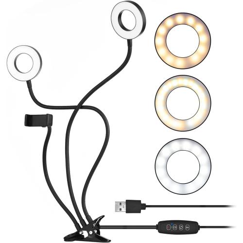 Andoer Clip-On LED Ring Light 3 Lighting Modes, USB Fill-in Lamp Dual Lights Dimmable Flexible Arms Design with Phone Holder for Live Video Chatting Selfie