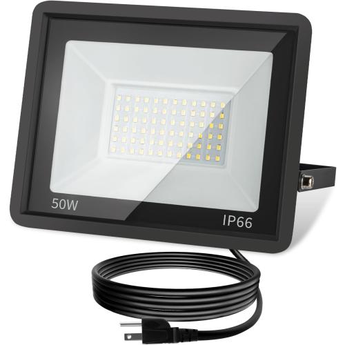 50W LED Flood Light Outdoor, 5000LM Super Bright Floodlight Outside Work Light with Plug, 6500K Daylight White LED Flood Light Outdoor, IP66 Waterproof Outdoor Flood Light-1Pack