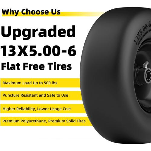 13x5.00-6 Flat Free Lawn Mower Tire and Wheel, 13x5x6 Solid Front Tires for Zero Turn Mower, 500Lbs Load, 3/4, 5/8 and 1/2 Bearings, 4.33-6.73 Hub Spacers, 2Pack Black, TRK-TIR-1356FFBK