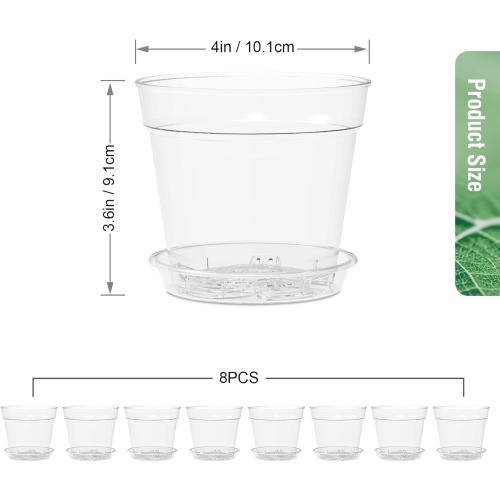 WSMKSZ 4 Inch Clear Nursery Pots, 8 Pack Highly Transparent Plant Pots for Small Indoor Plants with Drainage Holes and Trays, Plastic Seedling Starter Planters for Flowers