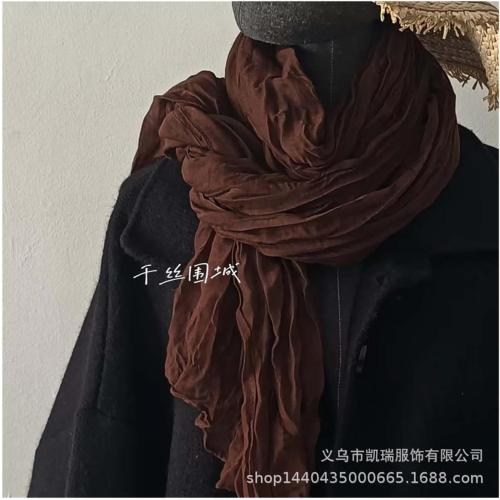 Solid Color Pleated Scarf Retro Green Thin Long Strip Shawl for Men and Women Winter Warm Silk Feel