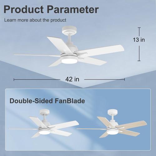 42 Inch White Ceiling Fan with Light and Remote Control,Dimmable 3 Color Temperatures LED Ceiling Fan,6 Speeds Reversible DC Motor,5 Blades Modern Ceiling Fans for Indoor or Covered Outdoor