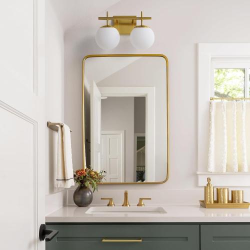 Gold Vanity Light, 2-Light Bathroom Lighting Fixtures Over Mirror Milky White Glass Globe Shades, Modern Vanity Lighting Fixtures Wall Sconce 14 Inch (Exclude E26 Bulb)