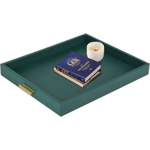 HofferRuffer Extra Large Serving Tray with Handles, Elegant Faux Leather Storage Decorative Tray for Coffee Table, Ottoman, Console Table (Green Tray Golden Handle)