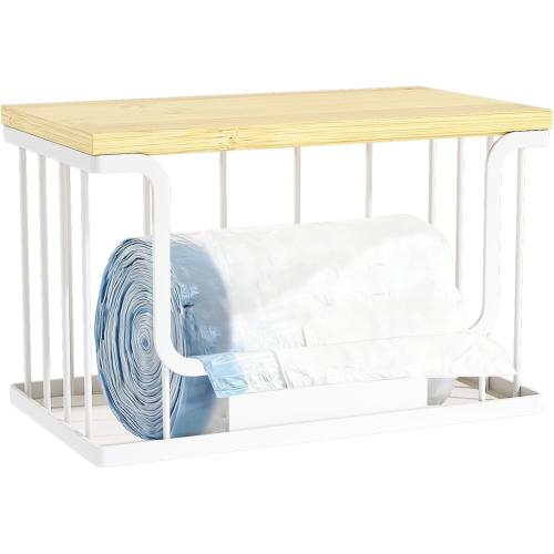1 Pack Trash Bag Holder, Stackable Garbage Bag Dispenser Under Sink with Bamboo Top & Metal Base for Kitchen Countertop Organization and Storage, Laundry, Pantry Organizer (White, 9.7 × 5.5 × 6.3)
