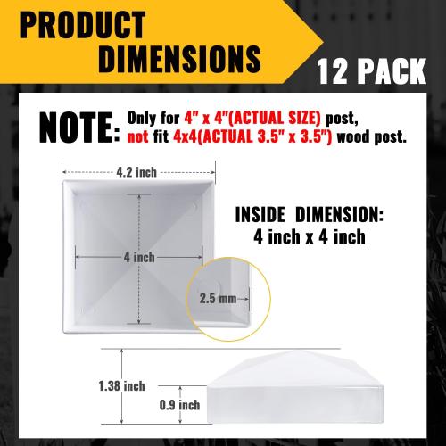 VIVIDA 4 x 4 Fence Post Caps, Pyramid PVC Vinyl Post Caps (Actual 4 x 4), Waterproof Deck Top Cover for Vinyl Fence, Lamp, Deck, Mailbox, White, 12 Pack