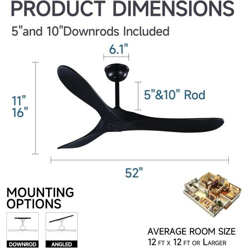 52 3 Blade Ceiling Fan Without Light, Farmhouse Rustic Wooden Flush Mount Ceiling Fan no Light with Remote for Indoor/Outdoor - High End Silent Operation, Black, 52 Inch