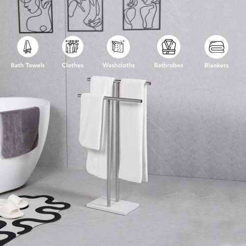 Free Standing Towel Rack for Bathroom - Brushed Nickel Finish - Stand Alone 2 Tier Stainless Steel Towel Rack for Bathroom Floor with Heavy Marble Base, Double T Shape Drying Stand for Towels