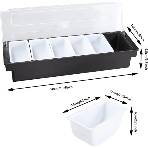 Ice Chilled Condiment Caddy with 6 Containers, 6 Compartments Fruit Veggie Condiment Caddy with Hinged Lid for Home Work Party Bar or Restaurant Plastic Tray Organizers