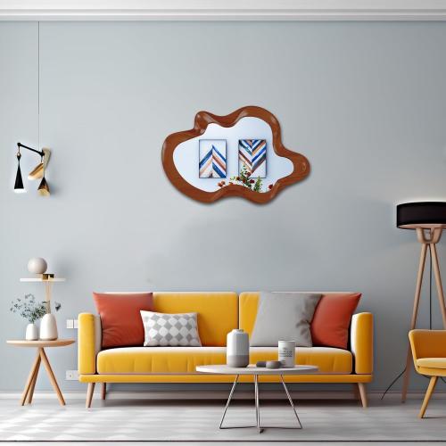 32x 21 Irregular Wall Mirror, Walnut Wooden Framed Asymmetrical Wall Mirror for Living Room Bedroom Entryway Bathroom Modern Decorative Hanging Hooks