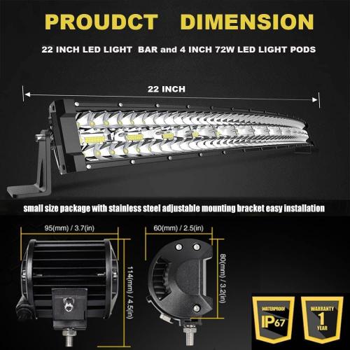 LED Light Bar Kits for Truck - 22 Inch Curved 390W Led Light Bar, 4 Inch Led Pod Lights 12V 24V Off-Road Driving Work Lights for ATV Tractor Pickup Cart with Wiring Harness Kit-3 Lead (Missing cable)
