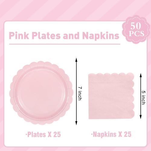 Oigco 50 Pcs Pink Plates and Napkins, Disposable Light Pink Scalloped Paper Plates & Napkins for Wedding Bridal Shower Birthday Baby Shower, Serves 25