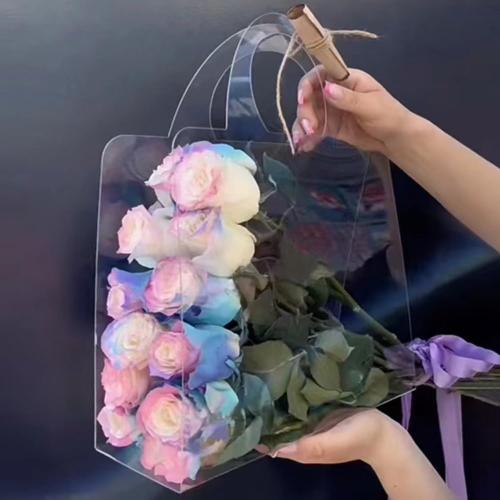 Clear Flower Bags with Handles for Bouquets Florist Shop Packaging Supplies 10 Pcs Valentine's Day 13.7 * 9.8 * 4.7 inches (B)