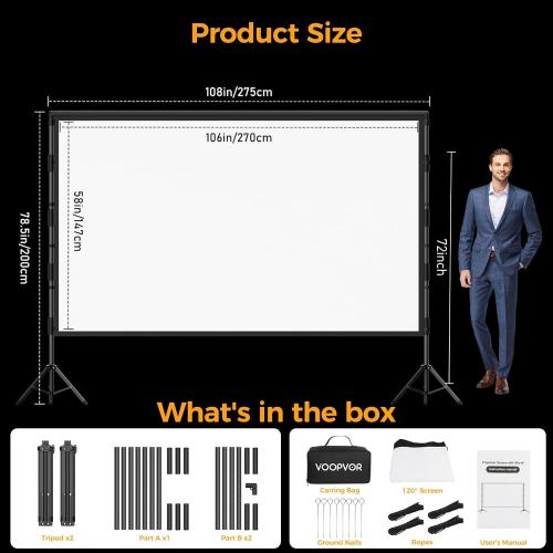 Outdoor Projector Screen with Stand: VOOPVOR 120 inch Portable Projector Screen Indoor - Upgraded Movie Screen 16:9 4K HD - Wrinkle-Free Lightweight Projection Screen with Carry Bag for Backyard Night