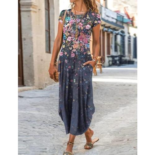 Size Large Women Summer Casual Maxi Dress Floral Printed Loose Pockets Short Sleeve Split Boho Dresses