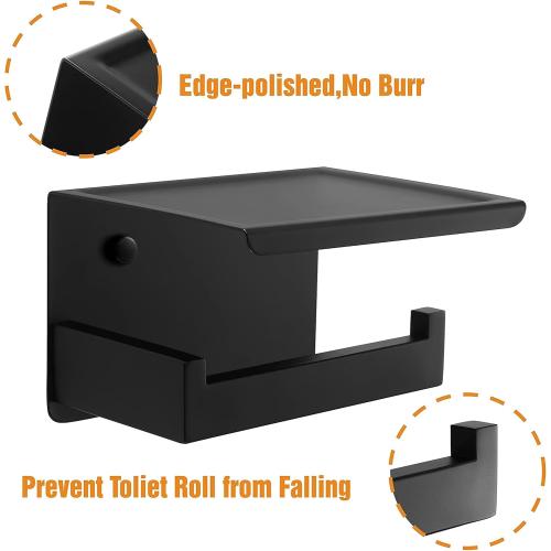 HITSLAM Toilet Paper Holder with Shelf, Stick on Matte Black Toilet Paper Roll Holder, Self Adhesive or Wall-Mount with Screws for Bathroom,Washroom