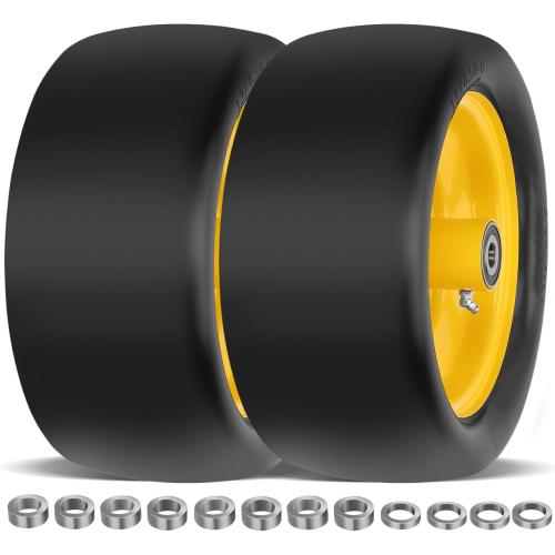 BLACK TIRE YELLOW RIM 2 Pcs 13x6.50-6 Lawn Mower Tires Flat Free with 3/4 Chrome Steel Bearings, 13x6.50-6 Zero Turn Mower Front Tires, 13x6.5-6 Flat Free Lawn Mower Tires for Commercial Grade Lawn, 5.5-7.5 Centered Hub