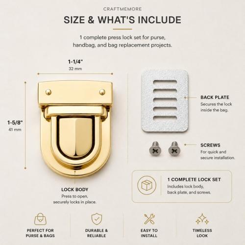 CRAFTMEMORE 1-1/4 Inch Press Lock Purse Catch Clasp Hardware for Bag Gold
