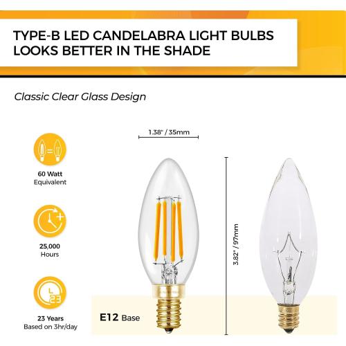 Hizashi 90 CRI Candelabra LED Light Bulbs 60 Watt, 2700K Warm White, E12 LED Bulb Dimmable, B11 Chandelier Light Bulbs, 6W, 550LM, Candle Light Bulbs, UL Listed, 12 Pack