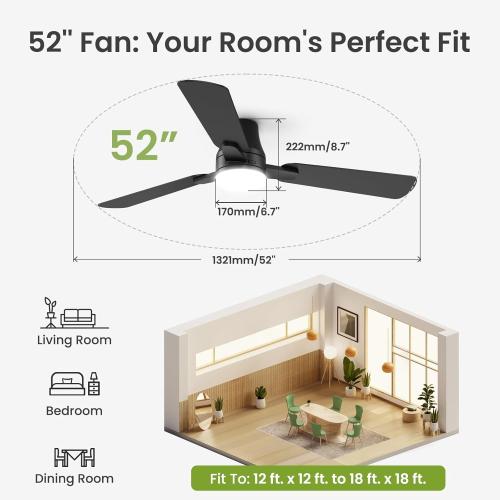 Ceiling Fans with Lights and Remote: 52 Inch Modern Black Ceiling Fan, Low Profile Flush Mount, Quiet Reversible DC Motor & 3CCT Dimmable LED for Bedroom Living Room Kitchen Indoor Outdoor