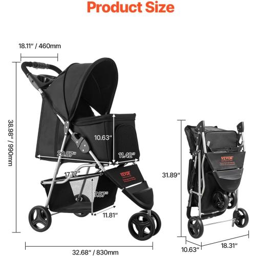 VEVOR Pet Stroller, 35 lbs Weight Capacity, Foldable Dog Cart, 3 Wheels Cats Carts with Mesh Windows and Cup Holders, Portable Pet Carrier Stroller with Brake, for Small to Medium Pets
