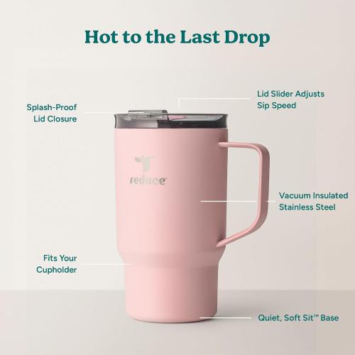 REDUCE 18 oz Hot1 Stainless Steel Insulated Mug with Temperature Adjusting Lid - Dual-Wall Vacuum, Cupholder Friendly - Keeps Drinks Hot for 6 Hours - Ideal for Coffee, Tea & Other - Pink Salt