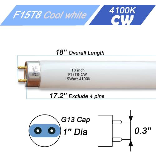 Flyercatch 18 INCH 2Pack F15W-T8-CW Cool White 15 Watt Fluorescent Bulb,18 inch F15T8/CW 4100K Linear Light,T8 Tube for Under Cabinet, Kitchen Sink RV (18'' MOL)