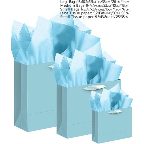 qiqee 10PCS Lake Blue Gift Bags with Ribbon Handles Mulit Assorted Sizes Gift Wide Bags (2pcs Large 13, 4pcs Medium 9.6, 4pcs Small 6.3,Tissue Paper)