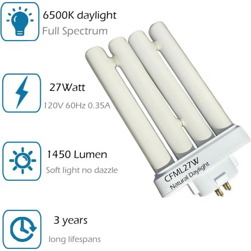 CFML27VLX Full Spectrum Fluorescent Bulb, 6500K Natural Daylight Replacement for Verilux 27W Desk & Floor Lamps Light,GX10Q-4 4 Pin Base in a Square