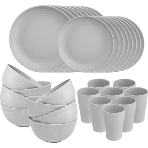 Supernal 32pcs Wheat Straw Dinnerware Sets for 8,Plates and Bowls Sets,Reusable Plastic Plates,Grey Dish Set for 8 include 16pcs Dishes, 8pcs Bowls, 8pcs Cups,Dishwasher Safe.