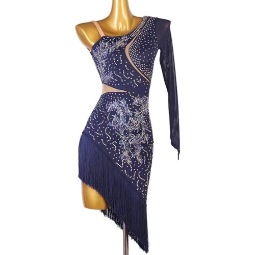 Size Large Color Blue Latin Dance Performance Dresses Ballroom Dance Costumes Asymmetric Cha Cha Dancewear Embroidery Salsa Dance Dress
