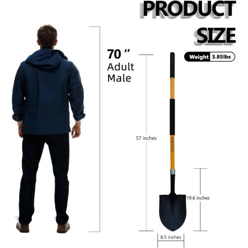 FORCOLID Shovel for Digging, Heavy Duty 57 inch Straight Handled Round Shovel with Non-Slip Tail Cover, Lawn and Yard Tools, Fiberglass Handle(Orange)