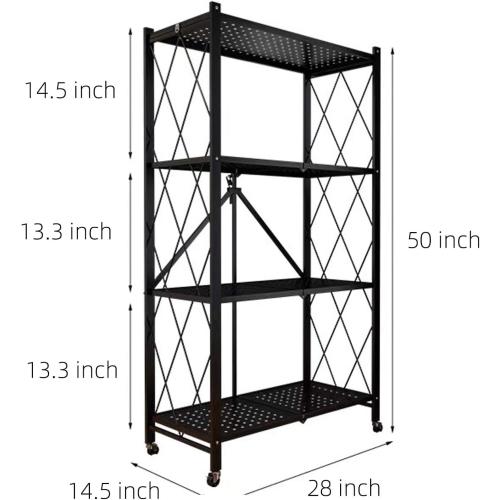 Storage Shelves, Closet Organizers and Storage 4-Shelf Foldable Metal Shelving Units 28 W x 14 D x 50 H for Garage Kitchen Bakers, Collapsible Organizer Rack, Heavy Duty on Wheels (4 -Shelf)