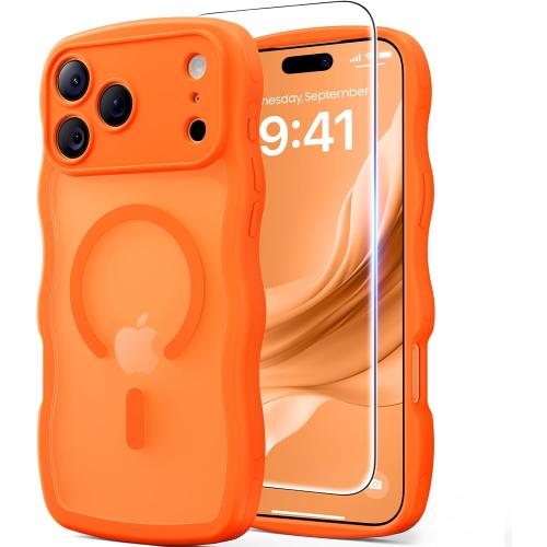 3 in 1 Magnetic for iPhone 17 Pro Max Case, Cute Wavy [Full Camera Protection][Fit for MagSafe] 1X Screen Protector 1X Wrist Strap, Anti-Slip Trendy Women Girly Case for iPhone 17 Pro Max 6.9, Orange
