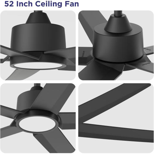 ocioc Ceiling Fans with Lights, 52 inch Black Ceiling Fan with Light and Remote Control, 3CCT, Quiet DC Motor, 5 Blades Modern Ceiling Fan for Living Room Farmhouse Bedroom