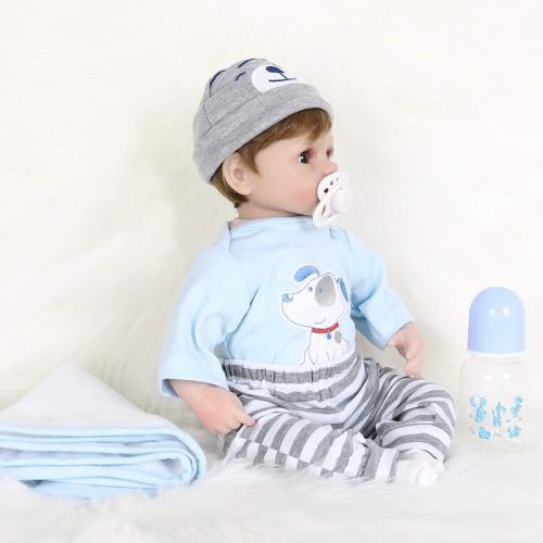 ENADOLL Reborn Baby Doll Realistic Silicone Vinyl Baby Blue Dog Boy 16 inch Weighted Soft Body Lifelike Doll Gift Set for Ages 3