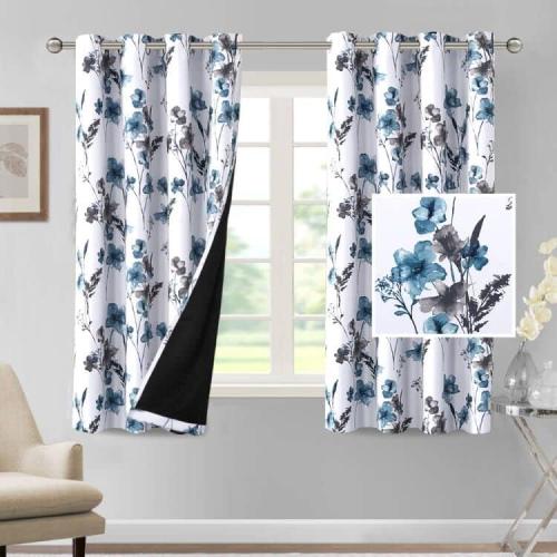 H.VERSAILTEX 100% Blackout Curtains Length 2 Panels Set Cattleya Floral Printed Drapes Leah Floral Thermal Curtains for Bedroom with Black Liner Sound Proof Curtains, Grey and Blue