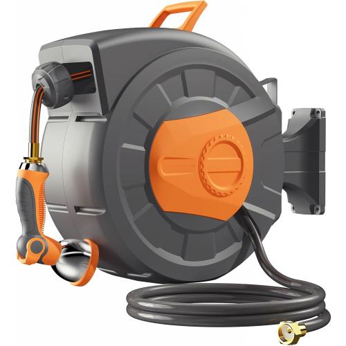 Retractable Garden Hose Reel 100 FT, 1/2 Heavy Duty Garden Hose 435 PSI Burst Pressure, Wall Mounted Water Hose Reel with 10-Pattern Nozzle, 180° Swivel, Slow Auto Rewind & Any Length Lock