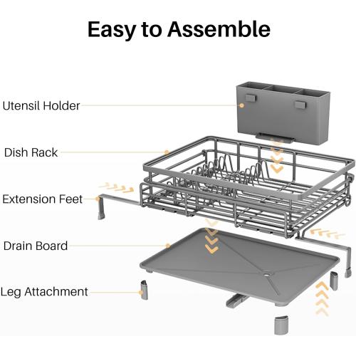SNTD Dish Drying Rack - Extendable Dish Rack, Large Sink Drying Dish Drainer for Kitchen Counter, Stainless Steel Dish Strainer with Utensil Holder (Grey)