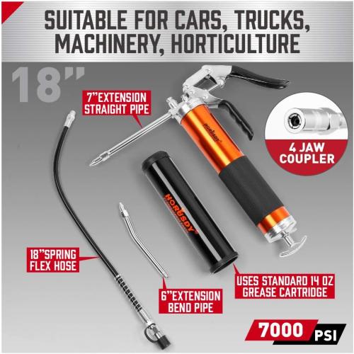 HORUSDY Heavy Duty Grease Gun with 14oz Grease Tubes | Grease Gun Flexible Hose | 7000 PSI | 18 Inch Spring Flex Hose | 2 Working Coupler | 2 Extension Rigid and 1 Sharp Type Nozzle Included