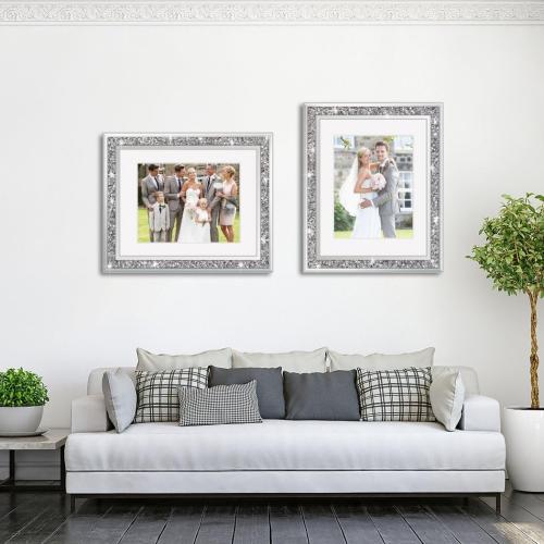 Crushed Diamond Wedding Mirror Photo Frame, Crystal Silver Glass Picture Frame For Photograph Size 11x14 inch With Mat for 8x10 inch, Pack of 2 Pieces Wall Frame. Bling Sparkle Diamond Home Decor.
