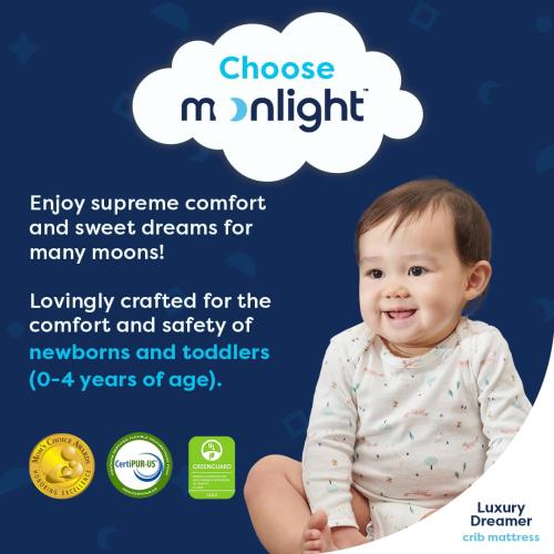 BLUE AND WHITE Moonlight Slumber Luxury Dreamer Crib Mattress - Dual-Sided, 2-Stage Baby and Toddler Mattress with Cool Memory Foam Layer and Breathable Mattress Cover - Hypoallergenic and Waterproof - 52x27.5x6