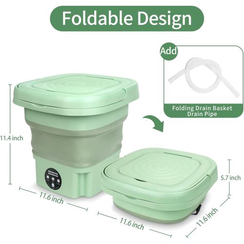 Portable Washing Machine,8L Mini Folding Bucket Washer with Drainage Pipe & 4 Clothes Clips for Socks Underwear Baby Clothes,Suitable for Apartment Camping RV Travel laundry (110V-240V) (Green)