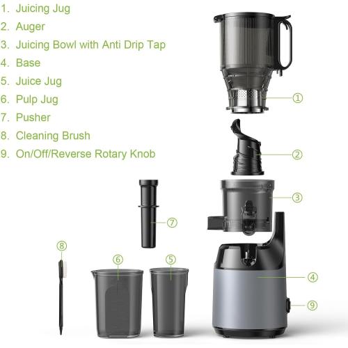 Masticating Juicer-Large Feed Chute 13cm, 250w Self Feeding Cold Press Juicer-1.6l Capacity,Slow Juicer Machines,Juice Extractor for Whole Fruits & Vegetables, Heavy Duty, Easy(