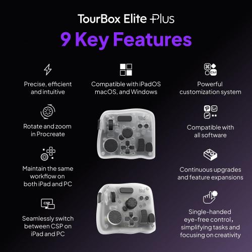 TOUR BOX Elite Plus - iPad Drawing Bluetooth Controller, Video Editing Photo Color Grading Speed Editor, Programmable Creative Console Keyboard for DaVinci Procreate Adobe Softwares and More